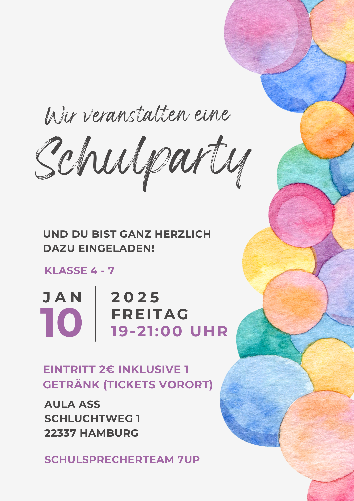 10.01.2025 Schulparty für die Jahrgänge 4 bis 7 in der Aula von 19 Uhr bis 21 Uhr